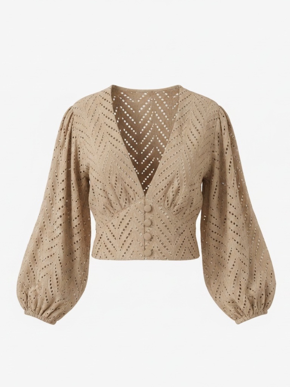 Puff-Sleeve Eyelet V-Neck Crop Top in Beige